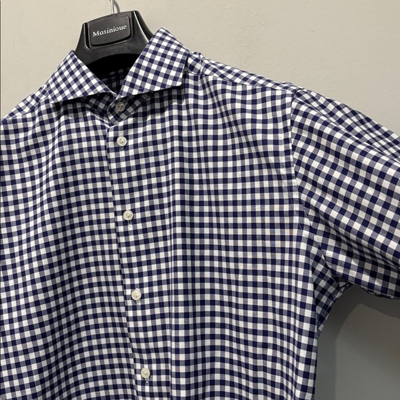 Eton Navy White Gingham Dress Shirt 16.5 Slim Fit Cotton Luxury Check - Picture 10 of 14